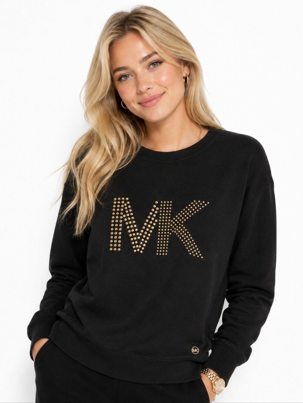 Michael Kors Black Sweatshirt with Gold Stud MK Design Size Medium